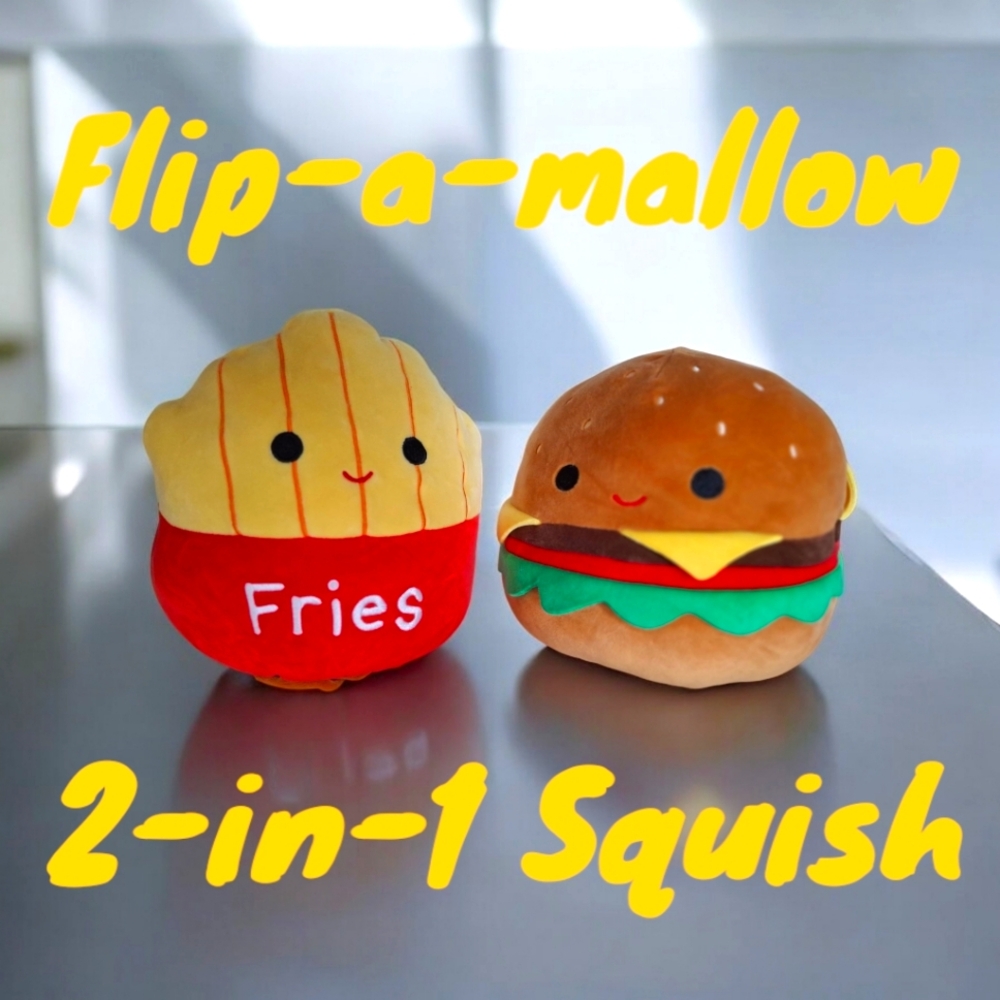 NWT SQUISH FLIP-A-MALLOW Plush Reversible "Carl & Floyd" Burger & Fries 2-in-1
